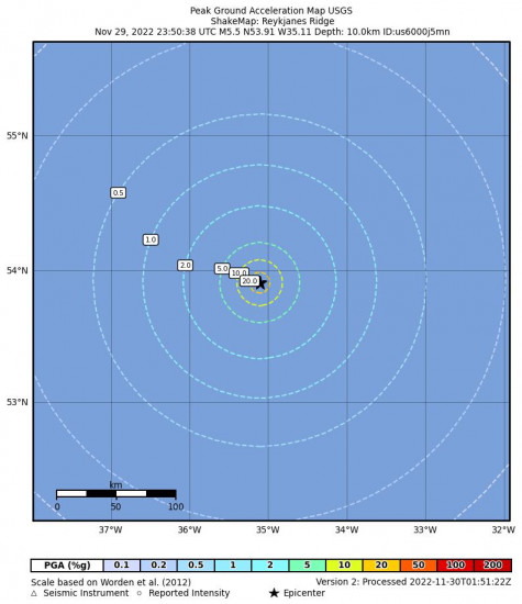Peak Ground Acceleration Map for the Reykjanes Ridge 5.5m Earthquake, Tuesday Nov. 29 2022, 8:50:38 PM