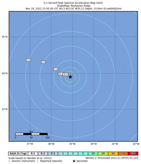 0.3 Second Peak Spectral Acceleration Map for the Reykjanes Ridge 5.5m Earthquake, Tuesday Nov. 29 2022, 8:50:38 PM