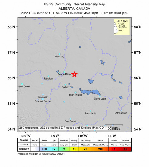 Community Internet Intensity Map for the Peace River, Canada 5.3m Earthquake, Tuesday Nov. 29 2022, 5:55:56 PM