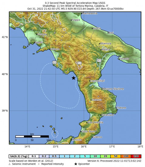0.3 Second Peak Spectral Acceleration Map for the Tortora Marina, Italy 5.5m Earthquake, Monday Oct. 31 2022, 10:42:50 PM