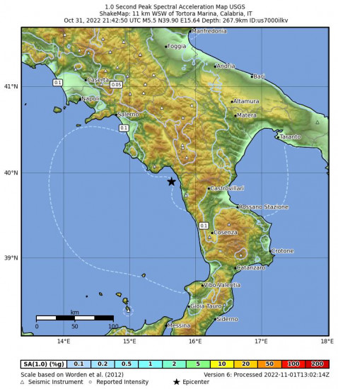 1 Second Peak Spectral Acceleration Map for the Tortora Marina, Italy 5.5m Earthquake, Monday Oct. 31 2022, 10:42:50 PM
