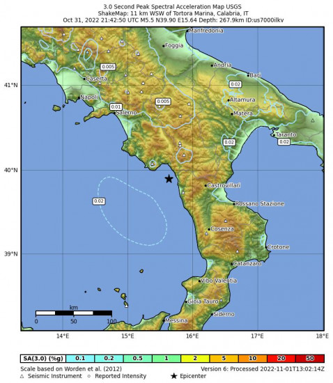 3 Second Peak Spectral Acceleration Map for the Tortora Marina, Italy 5.5m Earthquake, Monday Oct. 31 2022, 10:42:50 PM