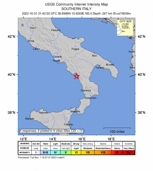 Community Internet Intensity Map for the Tortora Marina, Italy 5.5m Earthquake, Monday Oct. 31 2022, 10:42:50 PM