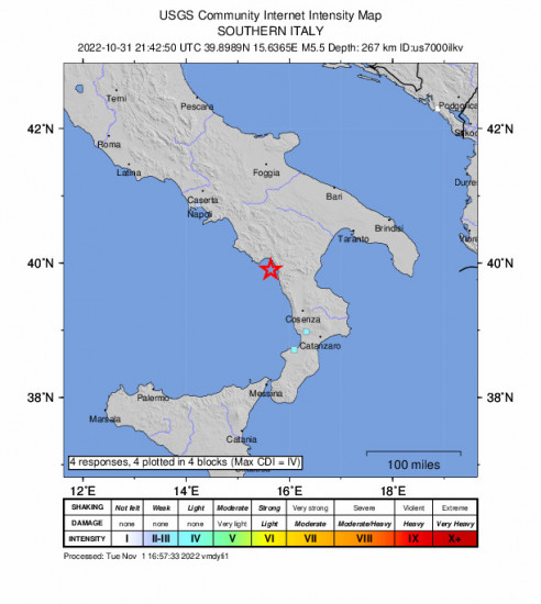 GEO Community Internet Intensity Map for the Tortora Marina, Italy 5.5m Earthquake, Monday Oct. 31 2022, 10:42:50 PM