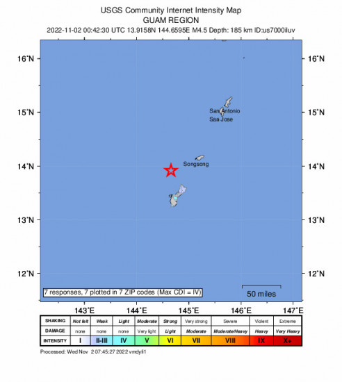 Community Internet Intensity Map for the Dededo Village, Guam 4.5m Earthquake, Wednesday Nov. 02 2022, 10:42:30 AM
