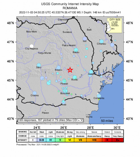 Community Internet Intensity Map for the Gura Teghii, Romania 5.1m Earthquake, Thursday Nov. 03 2022, 6:50:25 AM