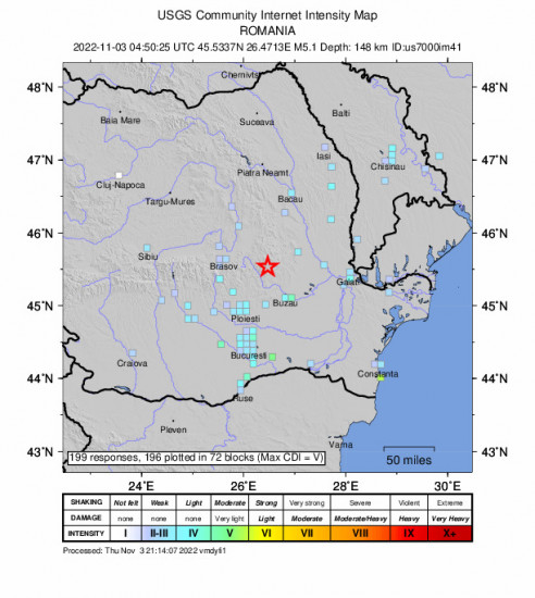 GEO Community Internet Intensity Map for the Gura Teghii, Romania 5.1m Earthquake, Thursday Nov. 03 2022, 6:50:25 AM