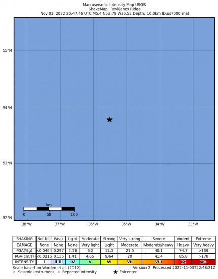Macroseismic Intensity Map for the Reykjanes Ridge 5.4m Earthquake, Thursday Nov. 03 2022, 5:47:46 PM