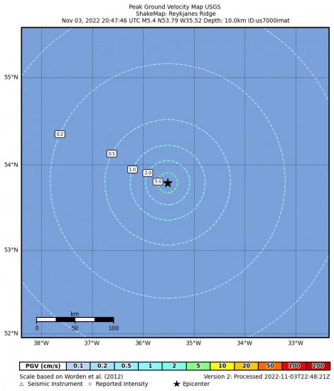 Peak Ground Velocity Map for the Reykjanes Ridge 5.4m Earthquake, Thursday Nov. 03 2022, 5:47:46 PM