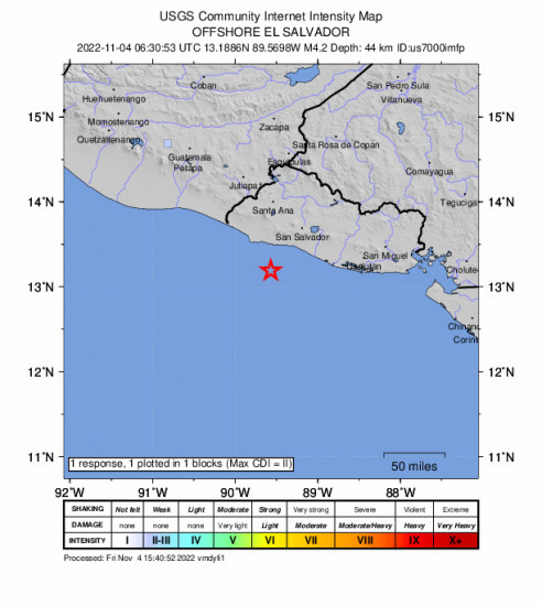 GEO Community Internet Intensity Map for the La Libertad, El Salvador 4.2m Earthquake, Friday Nov. 04 2022, 12:30:53 AM