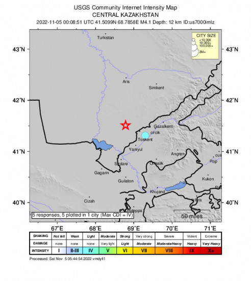 Community Internet Intensity Map for the Saryaghash, Kazakhstan 4.1m Earthquake, Saturday Nov. 05 2022, 6:08:51 AM