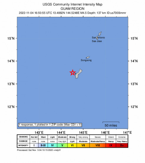 Community Internet Intensity Map for the Agat Village, Guam 4.5m Earthquake, Saturday Nov. 05 2022, 2:50:55 AM