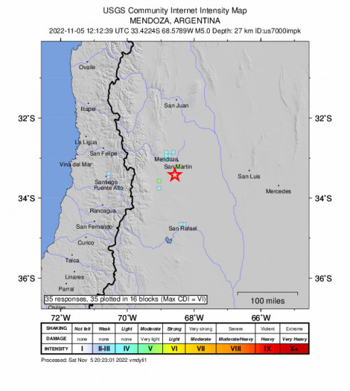 GEO Community Internet Intensity Map for the San Martín, Argentina 5m Earthquake, Saturday Nov. 05 2022, 9:12:39 AM