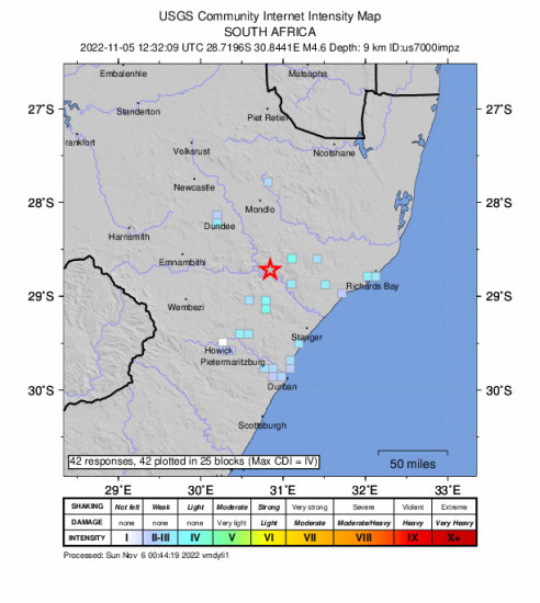 GEO Community Internet Intensity Map for the South Africa 4.6m Earthquake, Saturday Nov. 05 2022, 2:32:09 PM