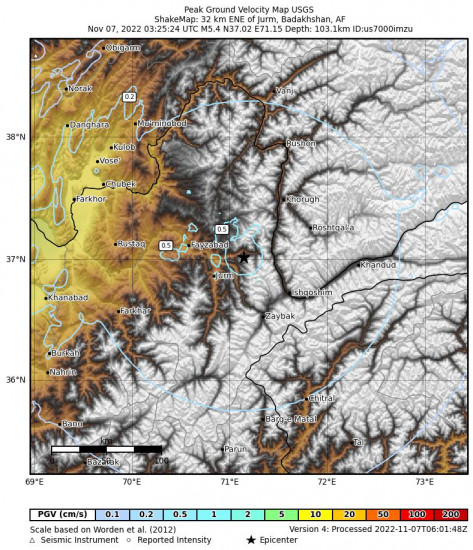 Peak Ground Velocity Map for the Jurm, Afghanistan 5.4m Earthquake, Monday Nov. 07 2022, 7:55:24 AM