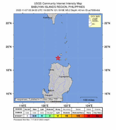 GEO Community Internet Intensity Map for the Namuac, Philippines 5.2m Earthquake, Monday Nov. 07 2022, 1:34:05 PM