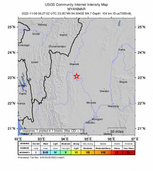 GEO Community Internet Intensity Map for the Mawlaik, Myanmar 4.7m Earthquake, Tuesday Nov. 08 2022, 12:57:02 PM