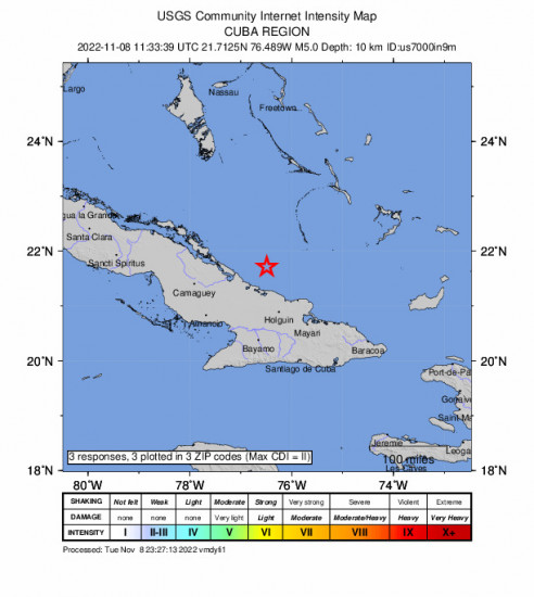 Community Internet Intensity Map for the Puerto Padre, Cuba 5m Earthquake, Tuesday Nov. 08 2022, 6:33:39 AM
