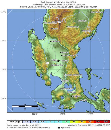 Peak Ground Acceleration Map for the Santa Cruz, Philippines 5.2m Earthquake, Tuesday Nov. 08 2022, 10:30:00 PM