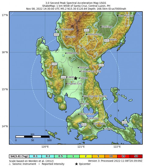 3 Second Peak Spectral Acceleration Map for the Santa Cruz, Philippines 5.2m Earthquake, Tuesday Nov. 08 2022, 10:30:00 PM