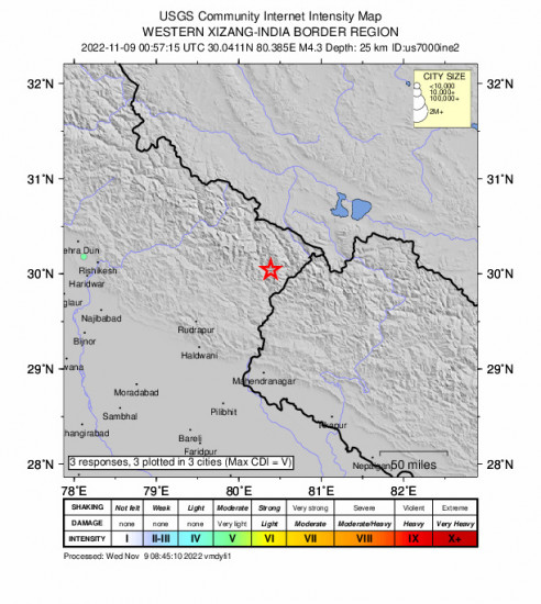 Community Internet Intensity Map for the Western Xizang-india Border Region 4.3m Earthquake, Wednesday Nov. 09 2022, 6:27:15 AM