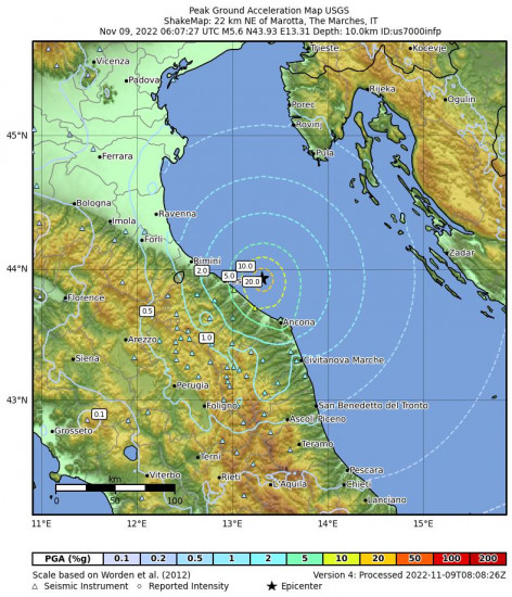Peak Ground Acceleration Map for the Marotta, Italy 5.6m Earthquake, Wednesday Nov. 09 2022, 7:07:27 AM