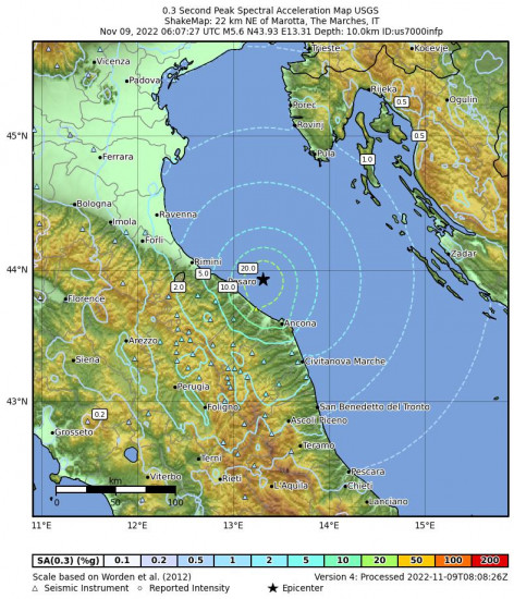 0.3 Second Peak Spectral Acceleration Map for the Marotta, Italy 5.6m Earthquake, Wednesday Nov. 09 2022, 7:07:27 AM