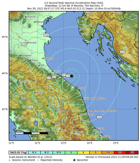3 Second Peak Spectral Acceleration Map for the Marotta, Italy 5.6m Earthquake, Wednesday Nov. 09 2022, 7:07:27 AM