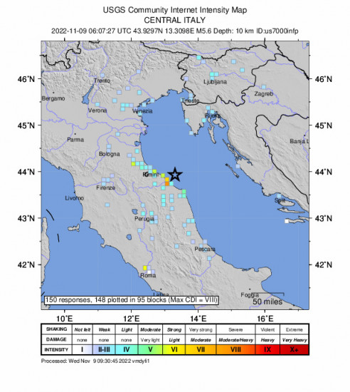 GEO Community Internet Intensity Map for the Marotta, Italy 5.6m Earthquake, Wednesday Nov. 09 2022, 7:07:27 AM