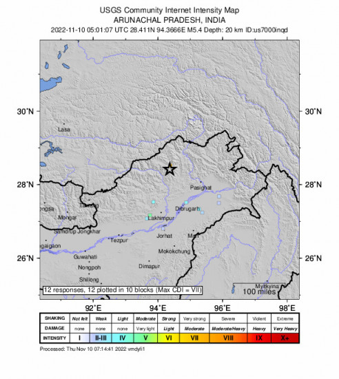 GEO Community Internet Intensity Map for the Shi Yomi, India 5.4m Earthquake, Thursday Nov. 10 2022, 10:31:07 AM