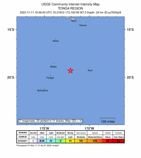GEO Community Internet Intensity Map for the Neiafu, Tonga 7.3m Earthquake, Friday Nov. 11 2022, 11:48:45 PM