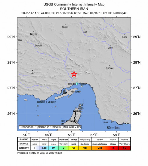 GEO Community Internet Intensity Map for the Bandar Abbas, Iran 4.6m Earthquake, Friday Nov. 11 2022, 10:14:08 PM