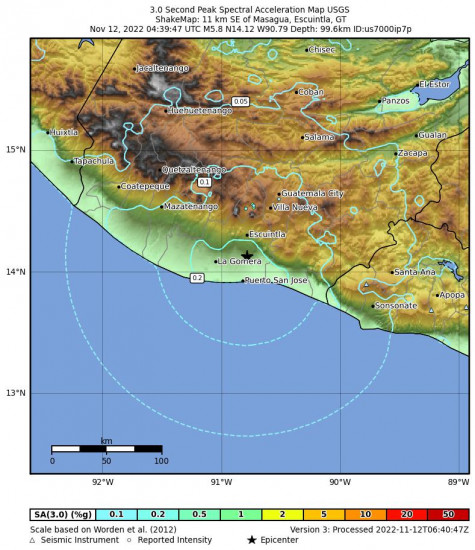 3 Second Peak Spectral Acceleration Map for the Masagua, Guatemala 5.8m Earthquake, Friday Nov. 11 2022, 10:39:47 PM