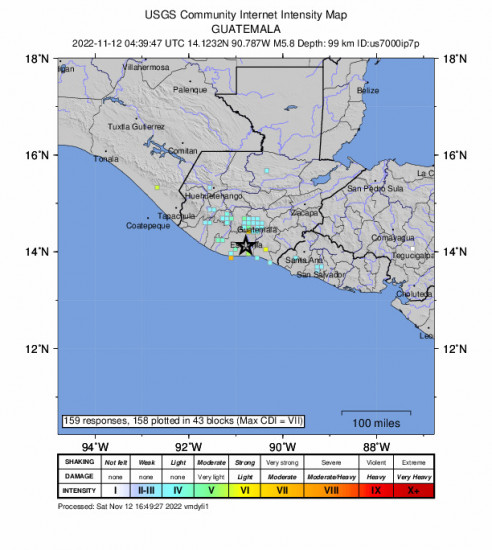 GEO Community Internet Intensity Map for the Masagua, Guatemala 5.8m Earthquake, Friday Nov. 11 2022, 10:39:47 PM
