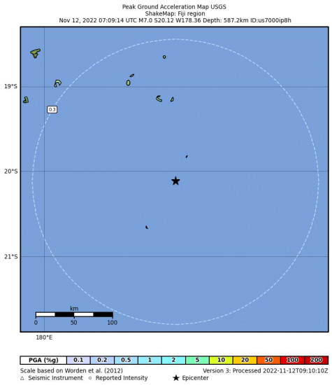 Peak Ground Acceleration Map for the Fiji Region 7m Earthquake, Saturday Nov. 12 2022, 7:09:14 PM