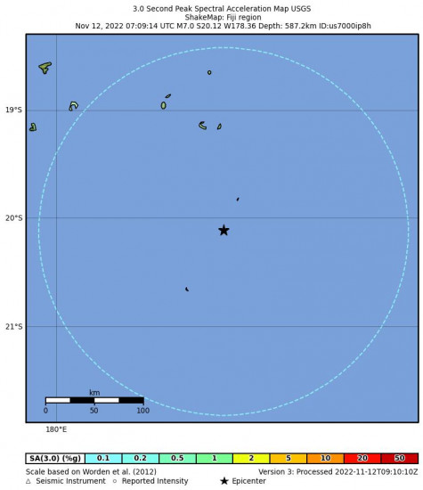 3 Second Peak Spectral Acceleration Map for the Fiji Region 7m Earthquake, Saturday Nov. 12 2022, 7:09:14 PM