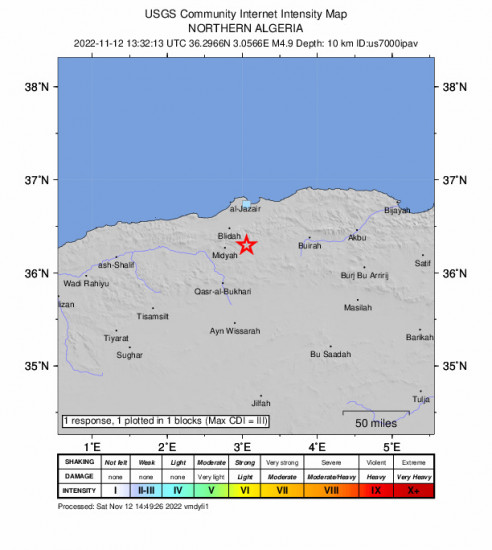 GEO Community Internet Intensity Map for the Berrouaghia, Algeria 4.9m Earthquake, Saturday Nov. 12 2022, 2:32:13 PM