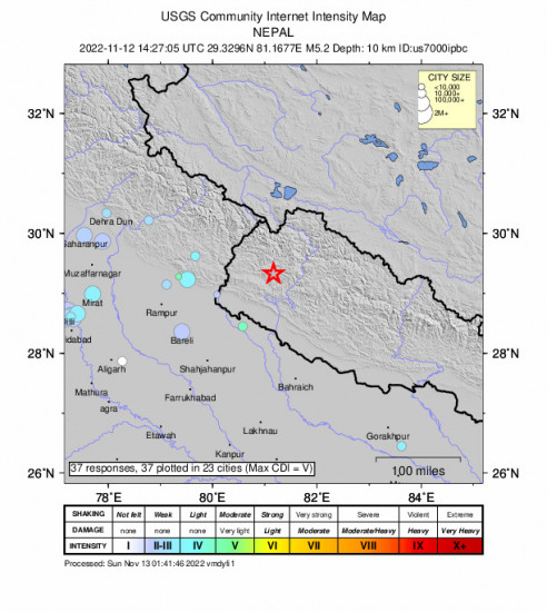 Community Internet Intensity Map for the Dipayal, Nepal 5.2m Earthquake, Saturday Nov. 12 2022, 8:12:05 PM