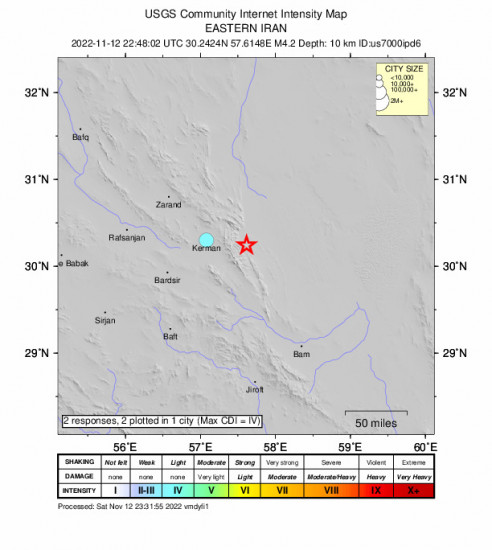 Community Internet Intensity Map for the Kerman, Iran 4.2m Earthquake, Sunday Nov. 13 2022, 2:18:02 AM