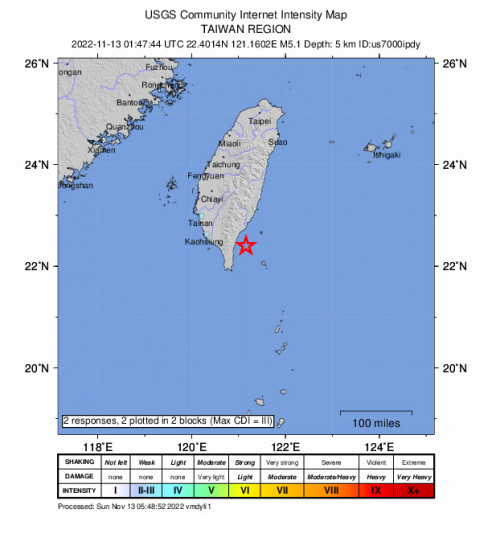 GEO Community Internet Intensity Map for the Hengchun, Taiwan 5.1m Earthquake, Sunday Nov. 13 2022, 9:47:44 AM