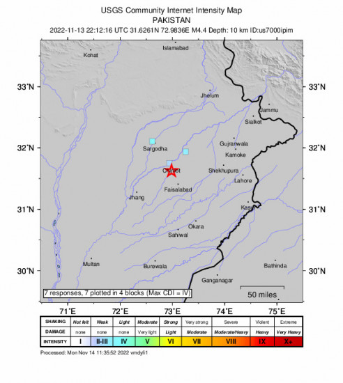 GEO Community Internet Intensity Map for the Chiniot, Pakistan 4.4m Earthquake, Monday Nov. 14 2022, 3:12:16 AM