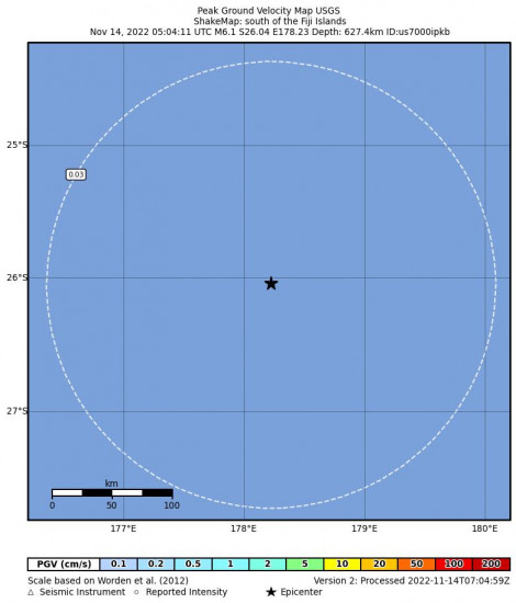 Peak Ground Velocity Map for the The Fiji Islands 6.1m Earthquake, Monday Nov. 14 2022, 6:04:11 PM
