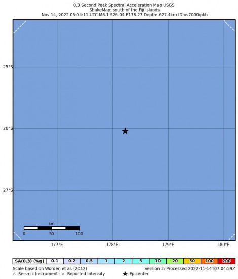 0.3 Second Peak Spectral Acceleration Map for the The Fiji Islands 6.1m Earthquake, Monday Nov. 14 2022, 6:04:11 PM