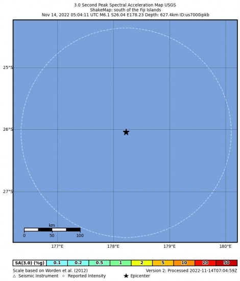 3 Second Peak Spectral Acceleration Map for the The Fiji Islands 6.1m Earthquake, Monday Nov. 14 2022, 6:04:11 PM