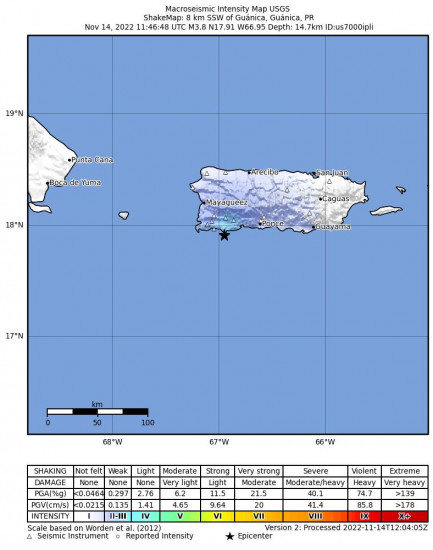 Macroseismic Intensity Map for the Guánica, Puerto Rico 3.8m Earthquake, Monday Nov. 14 2022, 7:46:48 AM