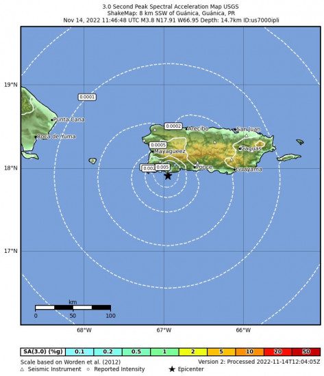 3 Second Peak Spectral Acceleration Map for the Guánica, Puerto Rico 3.8m Earthquake, Monday Nov. 14 2022, 7:46:48 AM