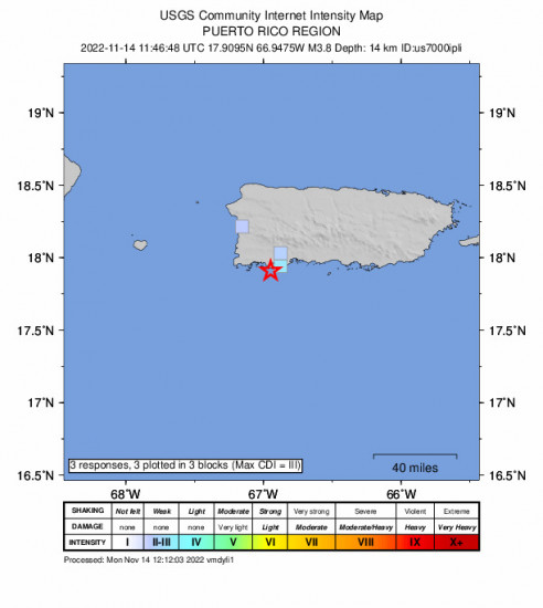 GEO Community Internet Intensity Map for the Guánica, Puerto Rico 3.8m Earthquake, Monday Nov. 14 2022, 7:46:48 AM