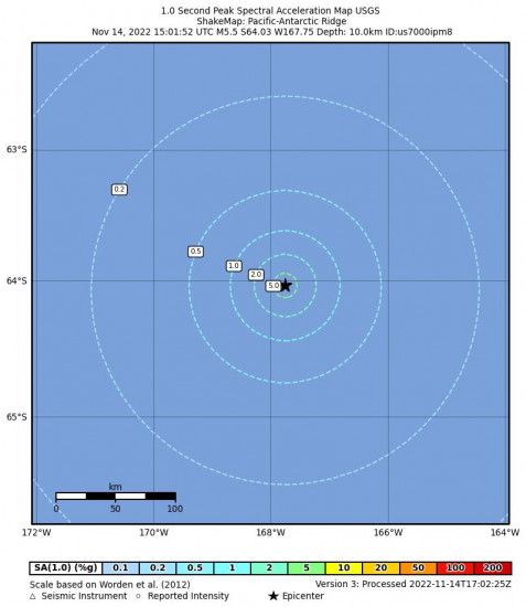 1 Second Peak Spectral Acceleration Map for the Pacific-antarctic Ridge 5.5m Earthquake, Monday Nov. 14 2022, 6:01:52 AM