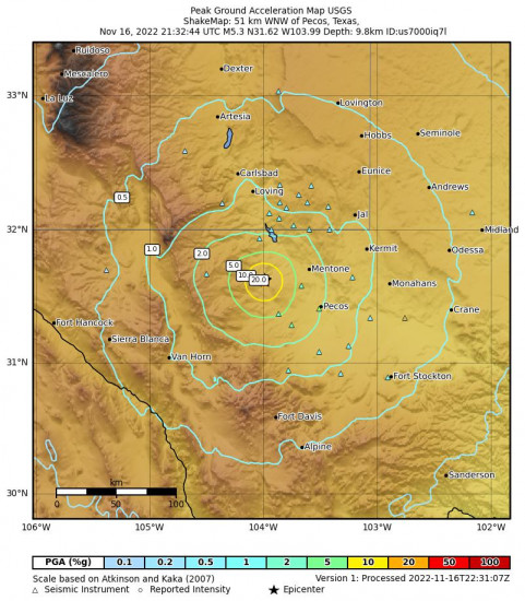Peak Ground Acceleration Map for the Mentone, Texas 5.3m Earthquake, Wednesday Nov. 16 2022, 3:32:44 PM