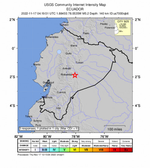 Community Internet Intensity Map for the Ecuador 5.2m Earthquake, Wednesday Nov. 16 2022, 11:19:51 PM